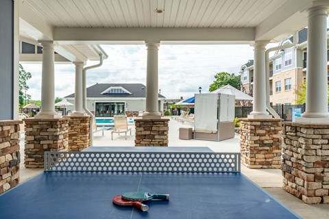 a blue ping pong table on a covered patio with columns