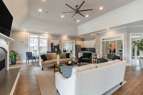 a living room with couches and chairs and a fireplace