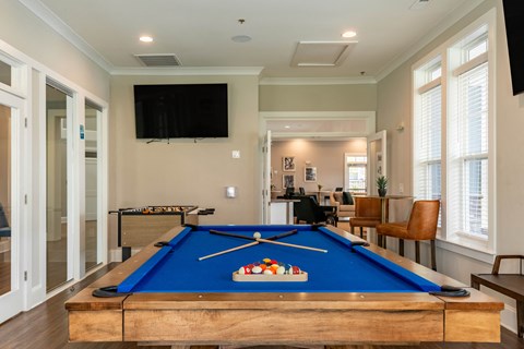 a games room with a pool table and a television