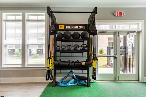 a training zone with weights and cardio equipment on a green rug