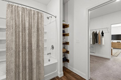 A bathroom with a shower curtain and a closet with clothes hanging.