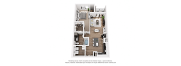 A 3D floor plan of a small apartment with one bed and one bath at the evolve at lake norman aparments in mooresville, nc.