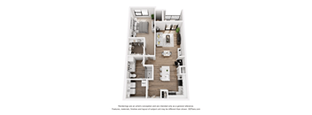 A 3D floor plan of a small apartment with one bed and one bath at the evolve at lake norman aparments in mooresville, nc.