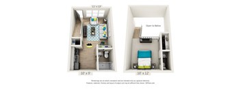 A diagram shows two different layouts for a small apartment.