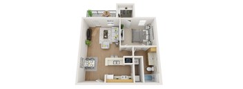 A top-down view of a small apartment with a kitchen, living room, and bedroom.