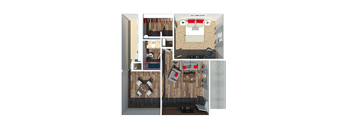 a stylized rendering of a bedroom with a wood floor