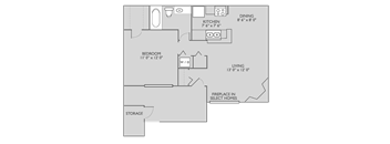 A floor plan of a home with a bedroom, living room, kitchen, dining room, and storage space.