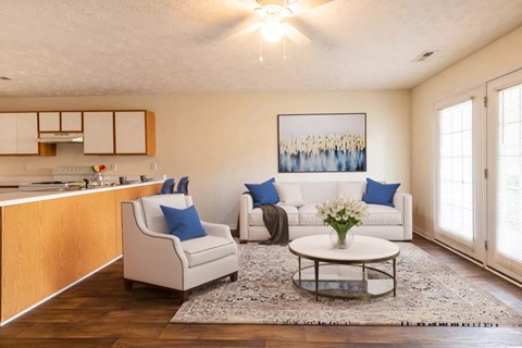 a living room with a couch and a table