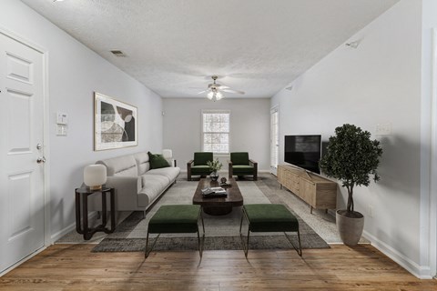 A living room with a grey couch, a green chair, a brown coffee table, and a potted plant.