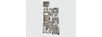 A floor plan of an apartment with a living room, kitchen, and two bedrooms.