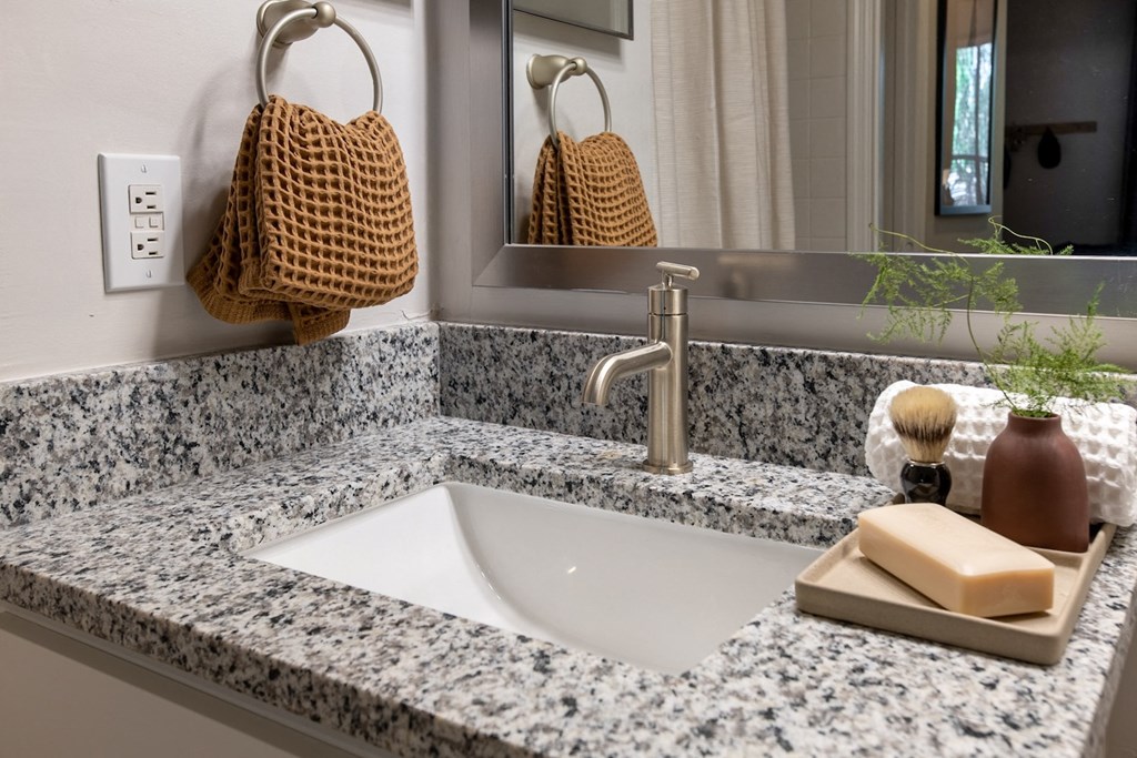 a bathroom counter with a sink and a mirror