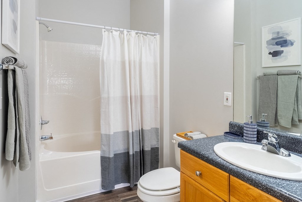 a bathroom with a sink toilet and shower
