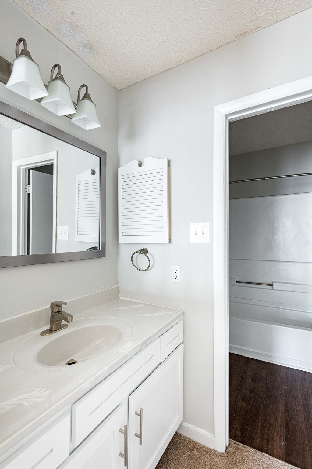 a bathroom with a sink and a mirror and a closet