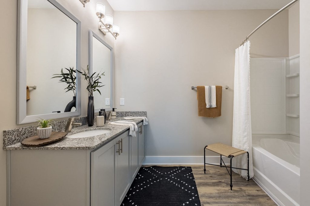 a bathroom with gray cabinets and a black and white rug