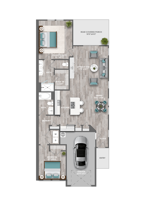 a typical floor plan of a 1 story apartment with a car in the garage