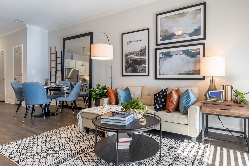 a living room with a couch and a coffee table