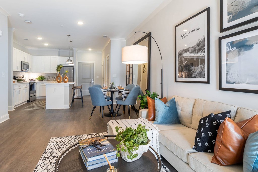 a living room with a couch and a table