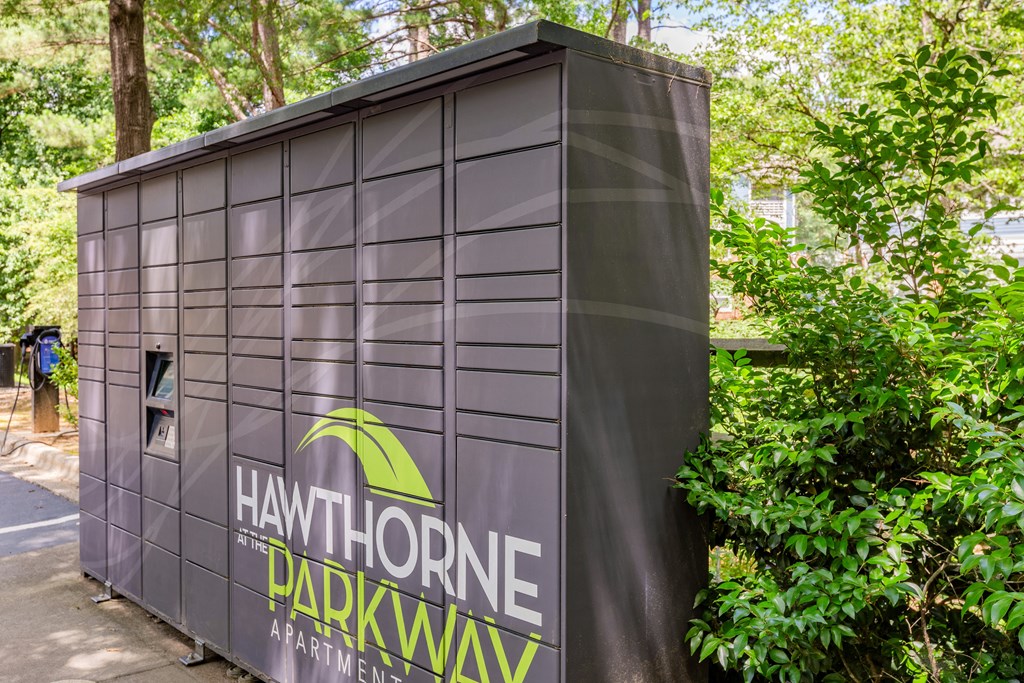 a black kiosk with a hawthorne parkway logo on it