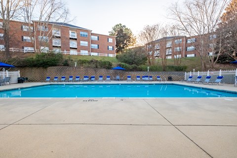 The swimming pool at Amelia Village apartments in Clayton, NC.