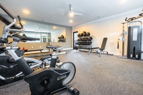 A large gym with equipment at Amelia Village apartments in Clayton, NC.