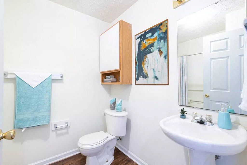 a bathroom with a sink toilet and a mirror