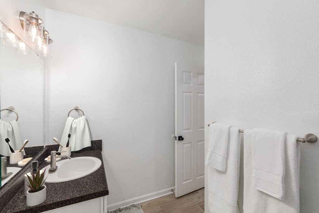 a bathroom with a sink and a mirror and a white door