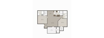 A floor plan of a house with a living room, two bedrooms, a dining room, kitchen, laundry, and bathrooms.