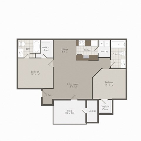 A floor plan of a house with a living room, two bedrooms, a dining room, kitchen, laundry, and bathrooms.