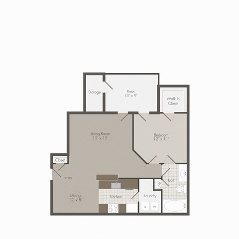 A floor plan of a house with a living room, dining room, kitchen, bedroom, and storage.