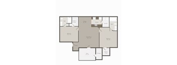 A floor plan of a house with a living room, two bedrooms, a bathroom, a kitchen, a dining area, a laundry room, a patio, and storage space.