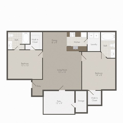A floor plan of a house with a living room, two bedrooms, a bathroom, a kitchen, a dining area, a laundry room, a patio, and storage space.