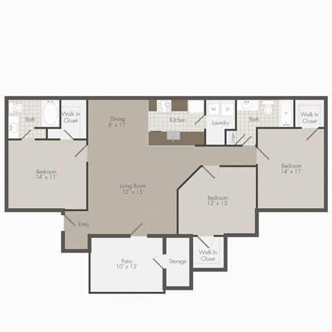 A floor plan of a house with a living room, dining room, kitchen, two bedrooms, a bathroom, a walk-in closet, a pantry, and a storage area.