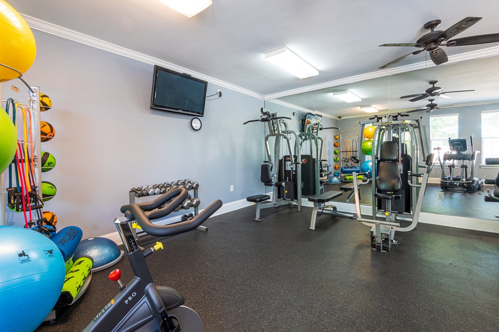 a gym with weights and cardio equipment and a tv