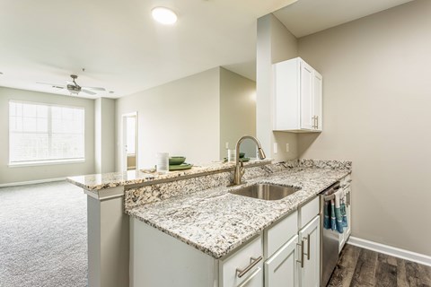A kitchen with granite countertops and white cabinets.