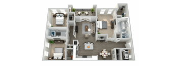 A top-down view of a house layout with a central living area, bedrooms, and a kitchen.