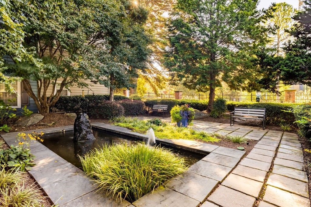 a backyard with a pond and benches and trees