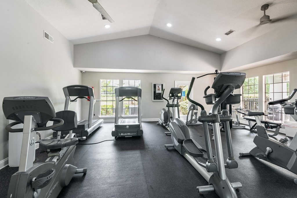 the gym is equipped with cardio equipment and glass windows