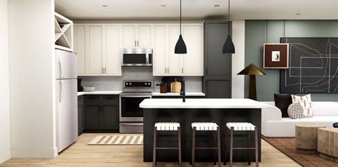 A modern kitchen with a white refrigerator and black countertops.