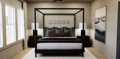 A bedroom with a four poster bed and a painting on the wall.
