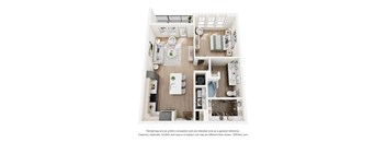 A 3D floor plan of a small apartment with a kitchen, living room, and bathroom.