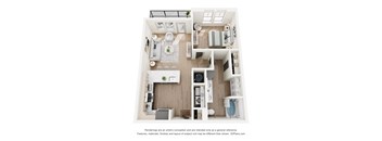 A 3D floor plan of a small apartment with a kitchen, living room, and bathroom.