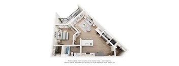 A 3D floor plan of a house with a kitchen, living room, and bedrooms.