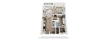 A 3D floor plan of a small apartment with a kitchen, living room, and bathroom.
