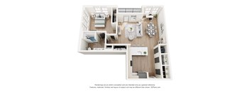 A 3D floor plan of a small apartment with a kitchen, living room, and bathroom.