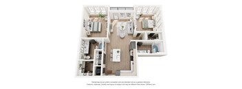A 3D floor plan of a house with a kitchen, living room, and two bedrooms.