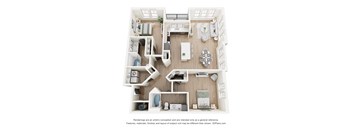 A 3D floor plan of a house with a kitchen, living room, and two bedrooms.
