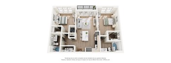 A 3D floor plan of a house with a kitchen, living room, and two bedrooms.