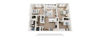 A 3D floor plan of a small apartment with a kitchen, living room, and bathroom.