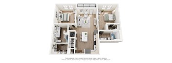 A 3D floor plan of a house with a kitchen, living room, and two bedrooms.