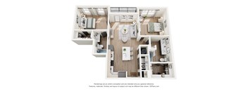 A 3D floor plan of a small apartment with a kitchen, living room, and bathroom.